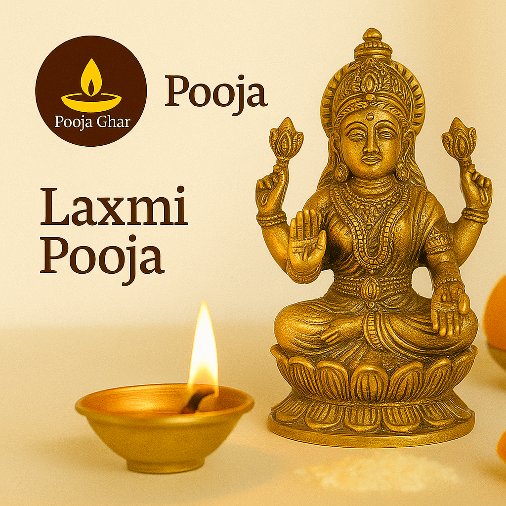Laxmi Pooja service with detailed golden statue of Goddess Laxmi and a diya in the foreground