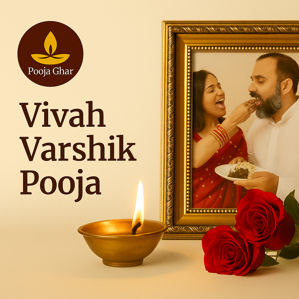 Vivah Varshik pooja service with lit diya, framed couple photo, and roses for traditional celebrations