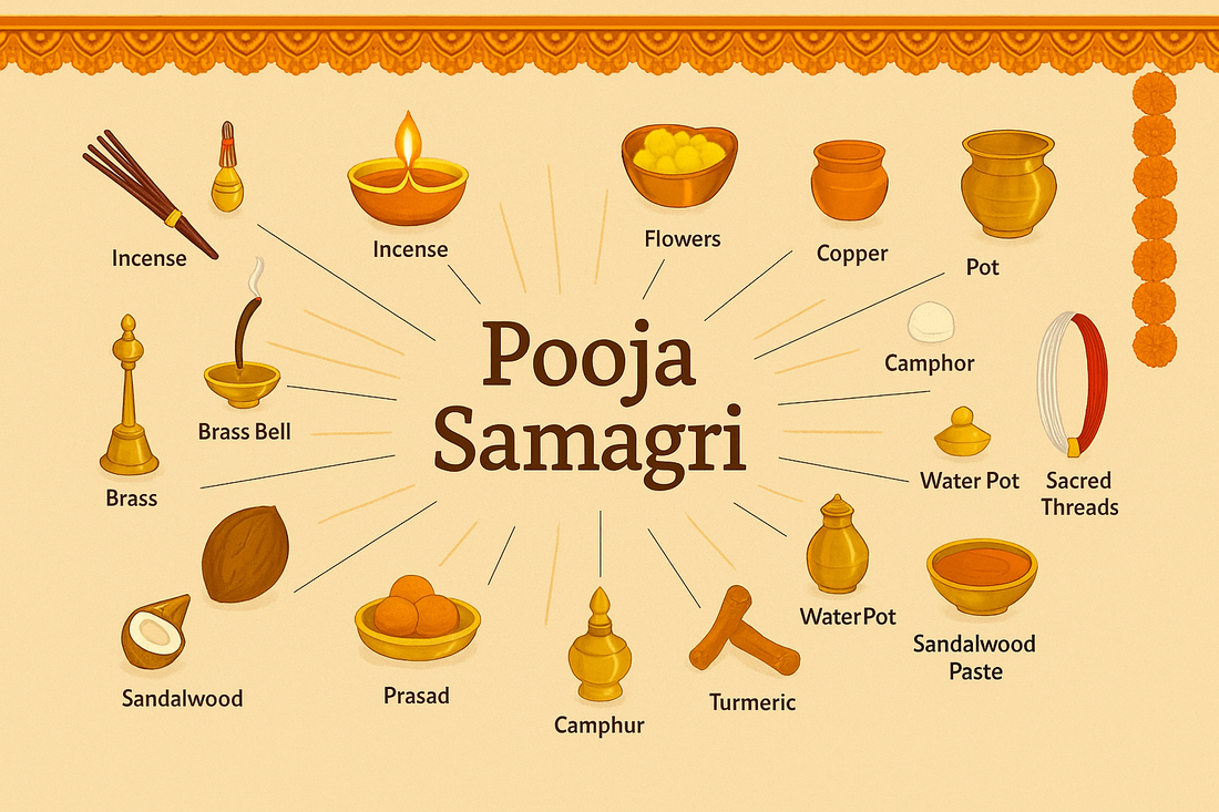 Colorful illustration of Essentials Pooja Samagri items with guide including incense, flowers, and camphor for rituals