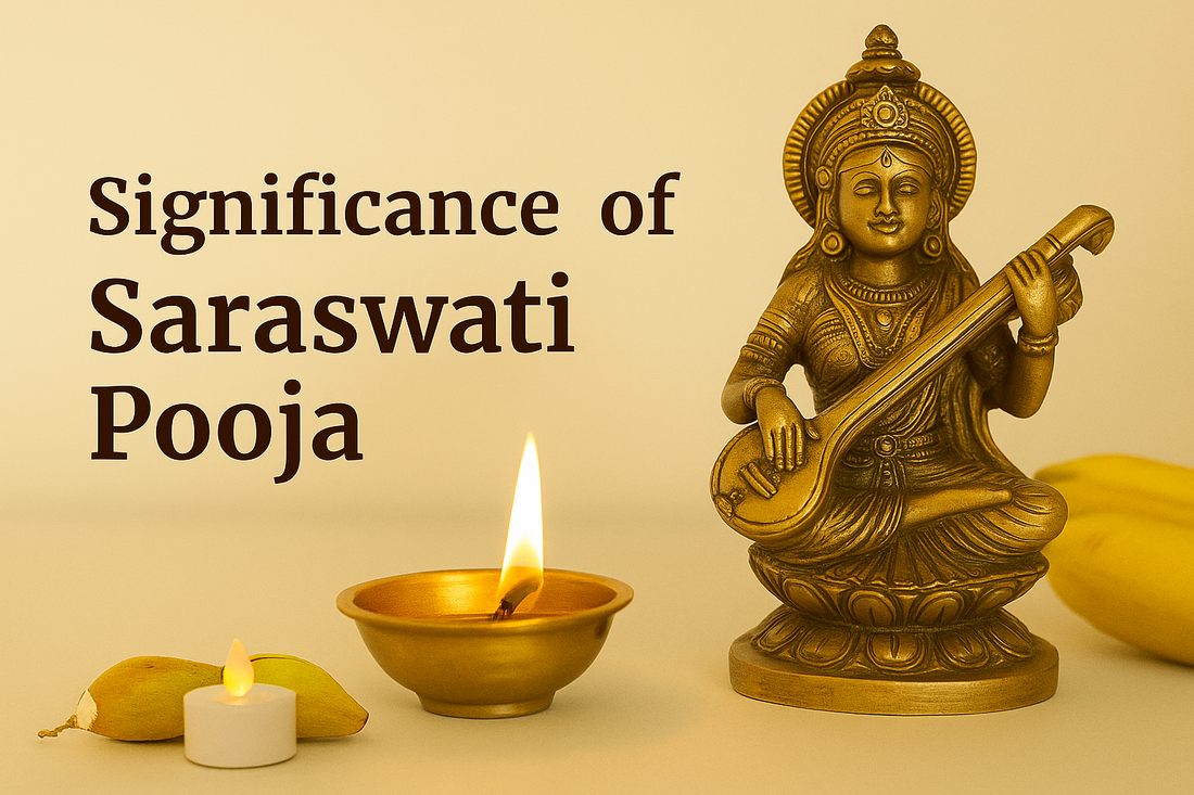 Saraswati Pooja significance with a statue, diya, and offerings representing the festival's importance