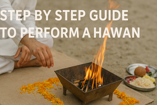 A step by step hawan guide with offerings, fire, and a person preparing for the ritual