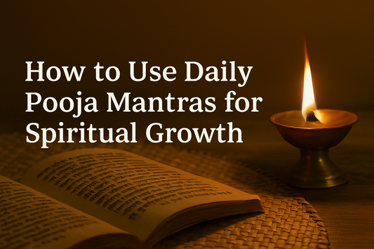 An open book of rituals next to a lit oil lamp, representing daily pooja mantras for spiritual growth