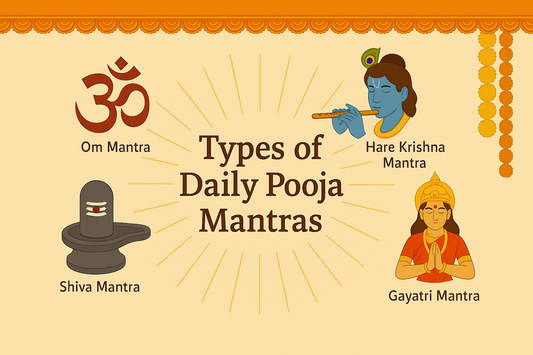 Illustration showing types of daily pooja mantras including Om, Shiva, Hare Krishna, and Gayatri mantras