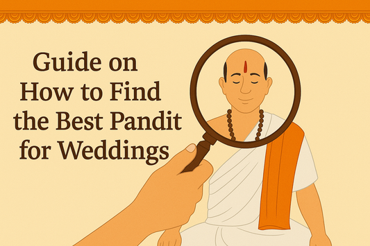 Illustration showing a hand holding a magnifying glass over a priest, highlighting the best pandit for Hindu wedding