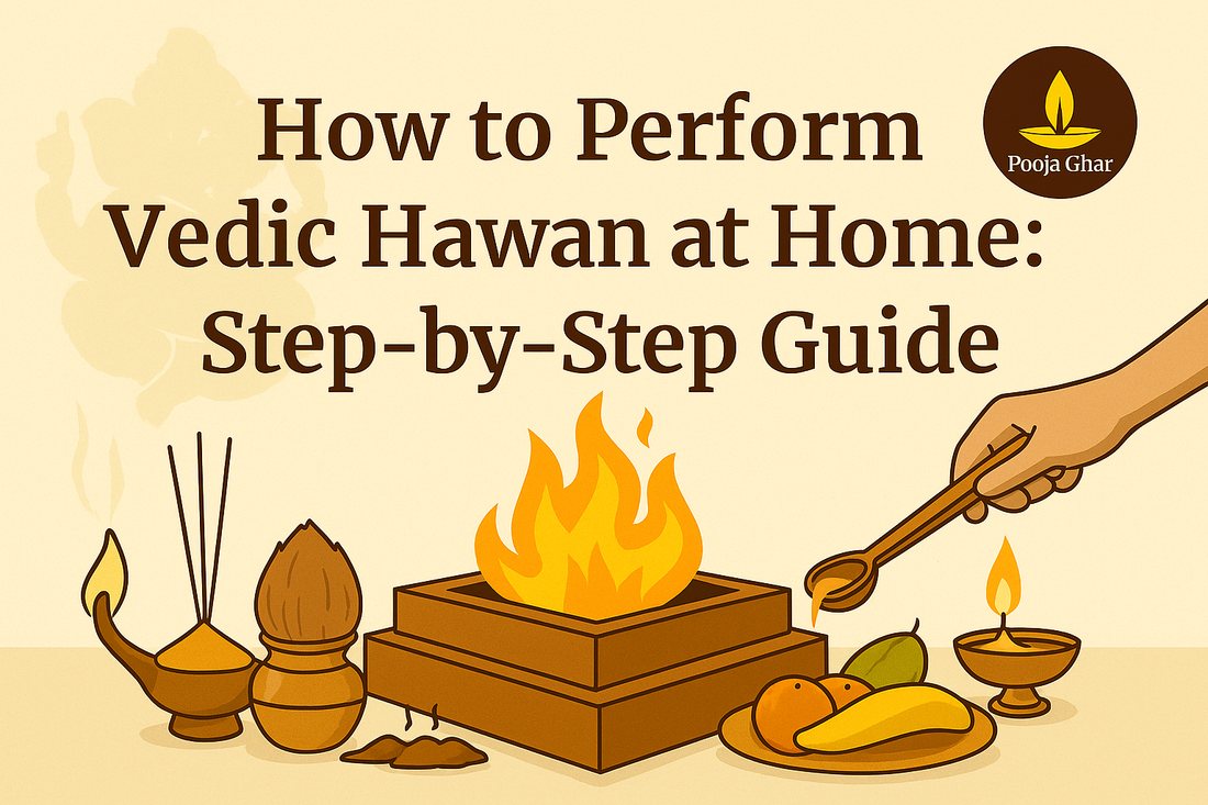 Illustration showing how to perform Vedic hawan at home with ceremonial items and a lit fire for guidance.