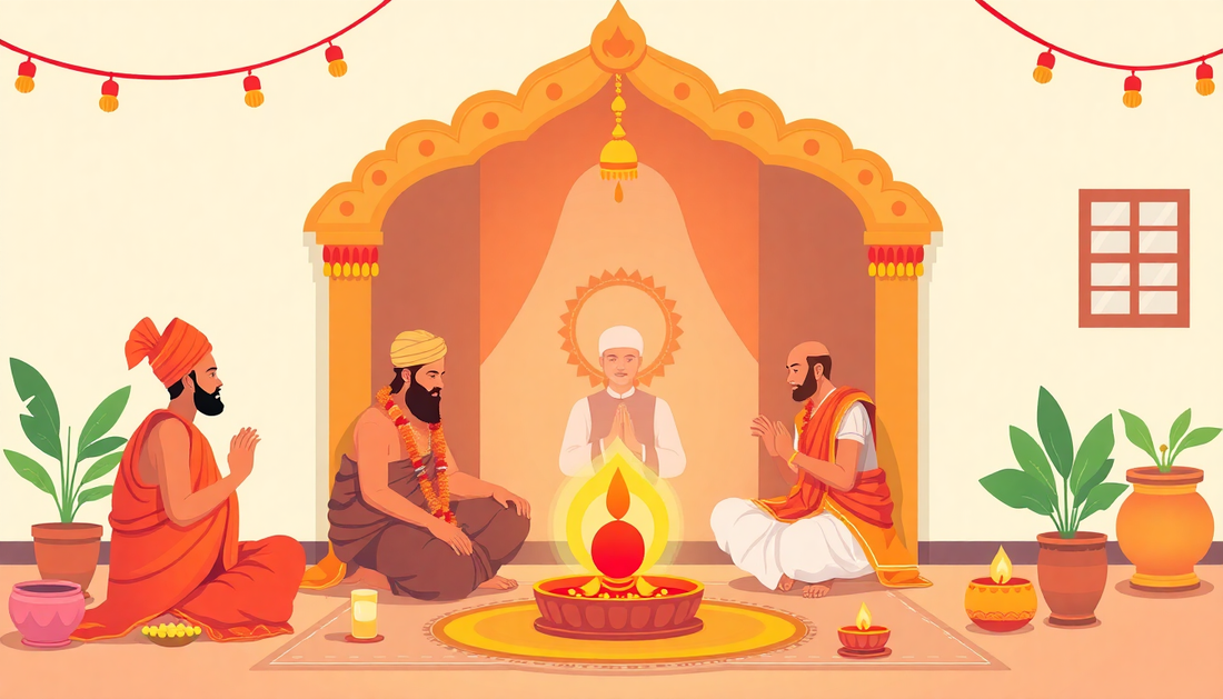 Ceremony of Griha Pravesh Pooja significance with priests performing rituals in a decorated space