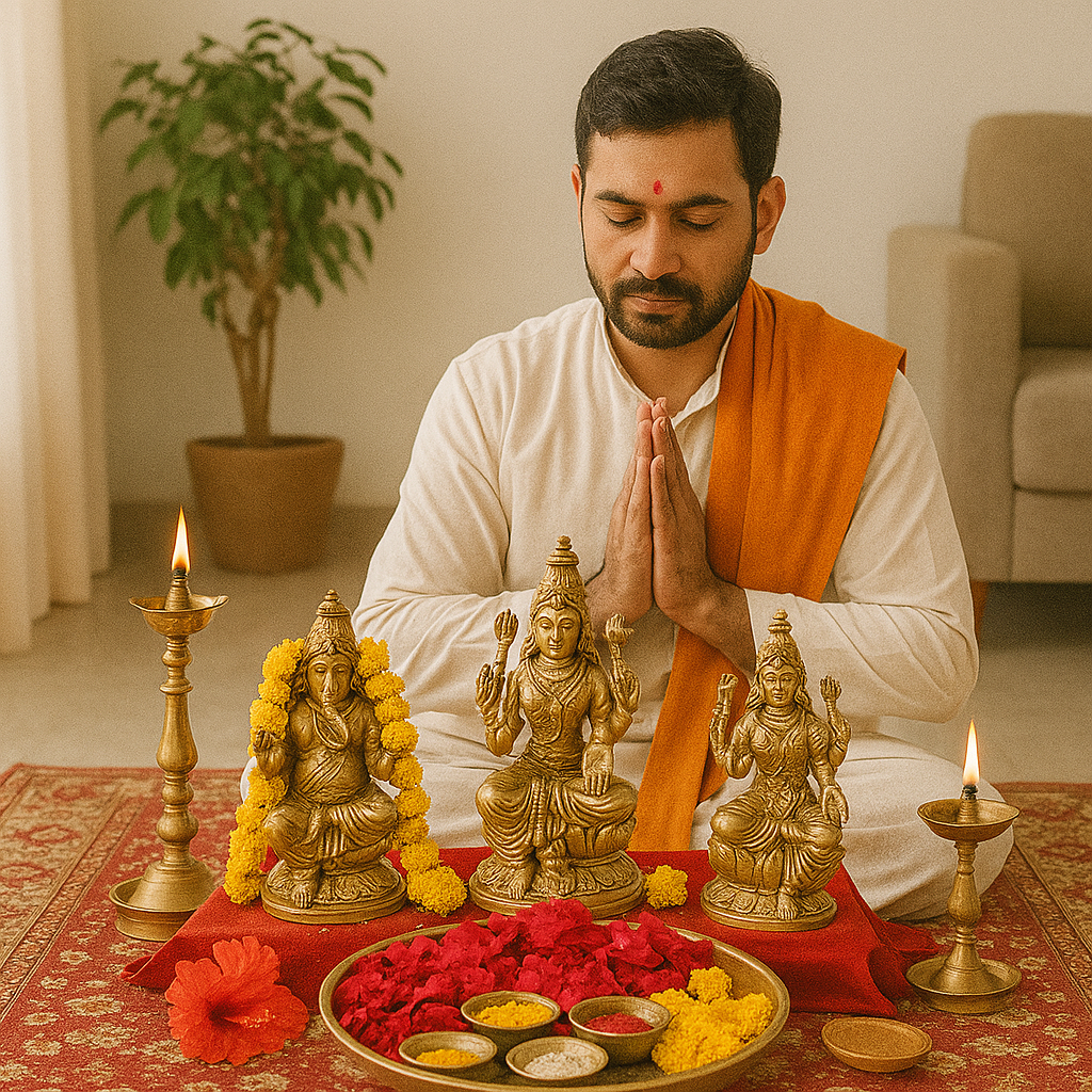 Devotee performing Remedy Poojas services with idols and offerings in a serene setting