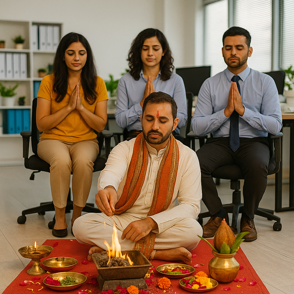 Office pooja services with a spiritual ceremony performed by a priest and three participants in a modern office setting