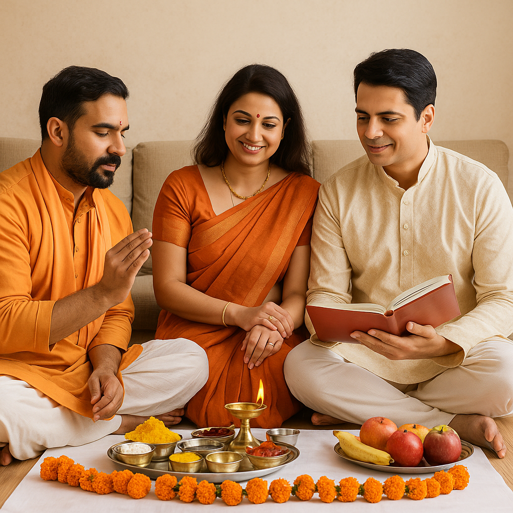 Family participating in life event pooja services surrounded by offerings and prayers for blessings