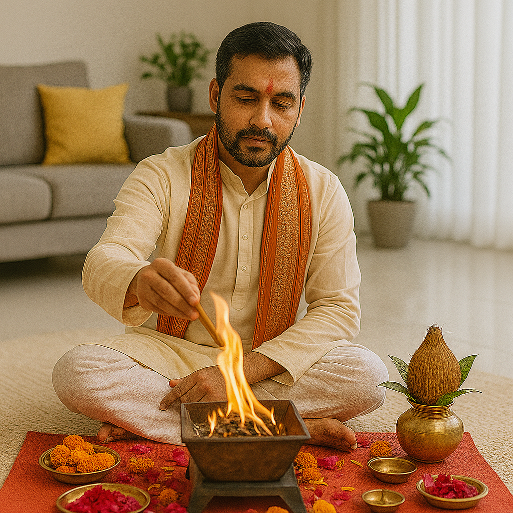 Hawan service ritual with a man performing the ceremony by a fire in a decorated space