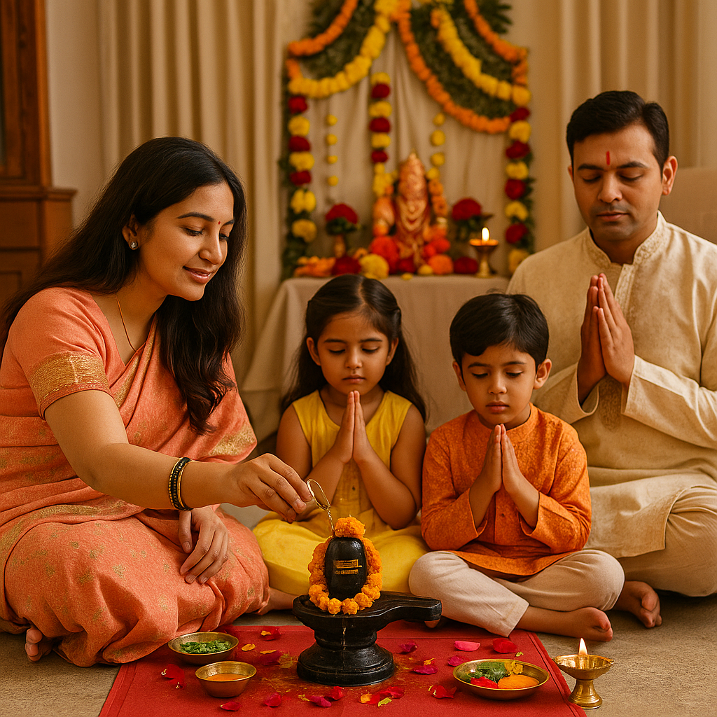 Family performing rituals during home pooja services with offerings and decorations in a serene environment