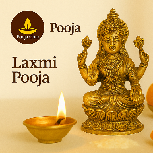 Laxmi Pooja service with detailed golden statue of Goddess Laxmi and a diya in the foreground