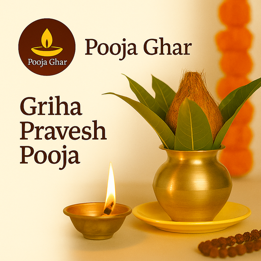 Decorative Griha Pravesh Pooja service setup with a brass pot, diya, and fresh leaves