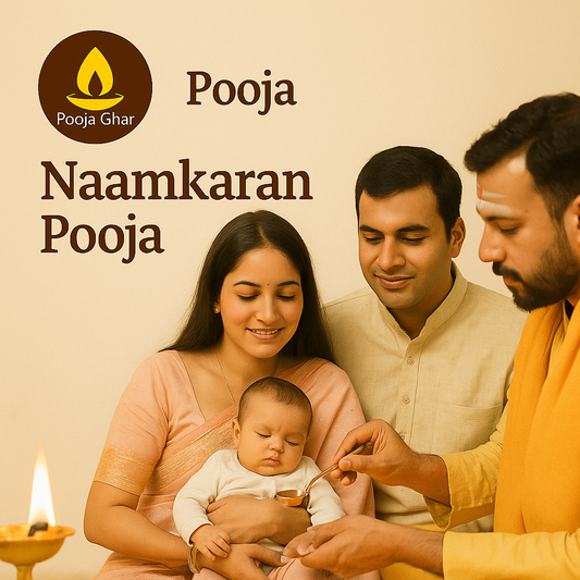Family participating in Naamkaran pooja service with a baby, symbolizing a sacred ceremony at Pooja Ghar