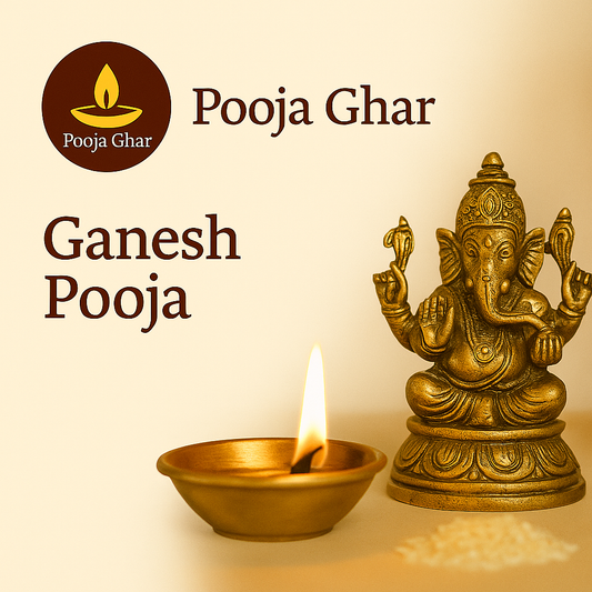 Ganesh Pooja service with a decorative idol of Lord Ganesh and an illuminated oil lamp for ceremonial rituals