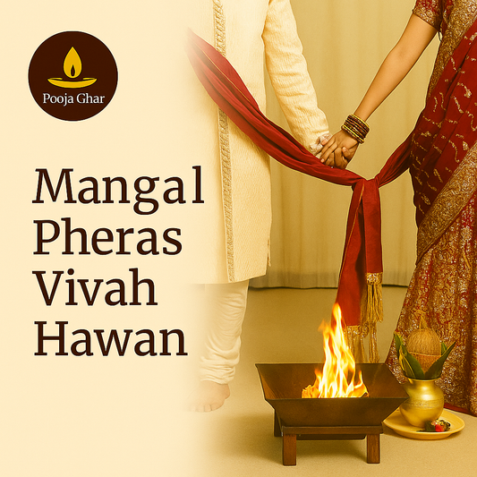 Mangal Pheras Vivah Hawan ceremony setup with a sacred fire and traditional attire for a wedding