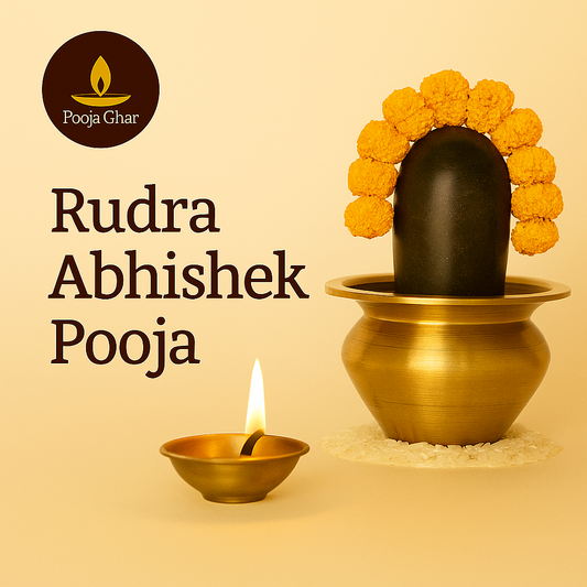 Rudra Abhishek Pooja service setup with a Shiva Linga and diya for spiritual rituals