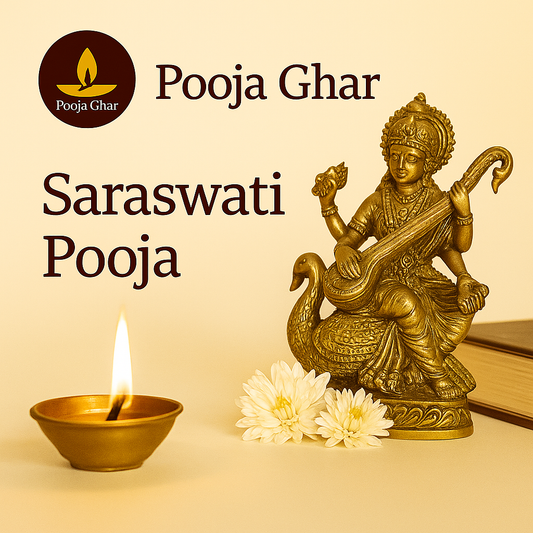 Saraswati Pooja service setup with a statue of Goddess Saraswati and an oil lamp for spiritual ceremonies