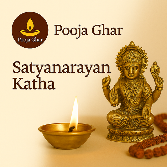 Satyanarayan Katha service image featuring a brass idol and oil lamp for religious ceremonies