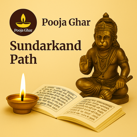 Pooja Ghar Sundarkand Path service with a decorative statue and an open spiritual text