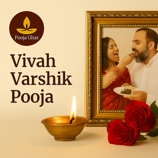 Vivah Varshik pooja service with lit diya, framed couple photo, and roses for traditional celebrations