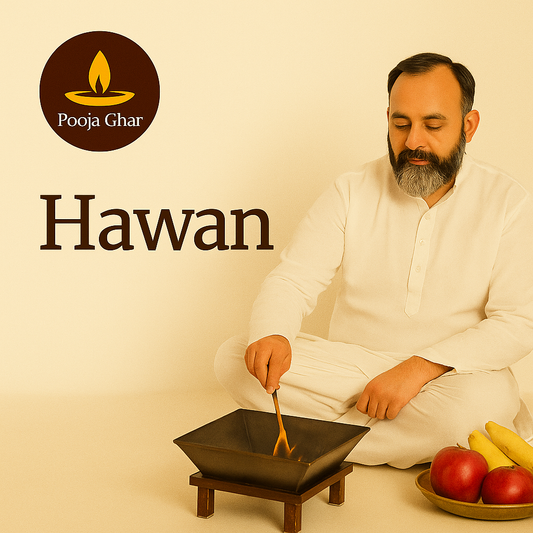 Pooja Ghar Home Hawan service setup with a man in traditional attire participating in a ritual