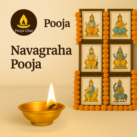 Navagraha pooja service displayed with vibrant images of deities and a decorative oil lamp