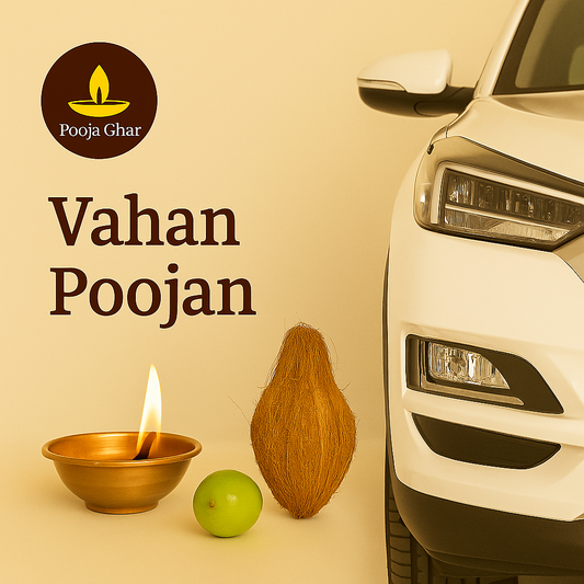 Vahan poojan service setup featuring a car, lamp, and traditional offerings for vehicle blessings